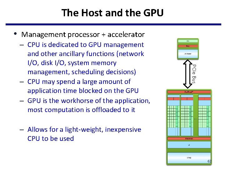 The Host and the GPU • Management processor + accelerator PCIe Bus – CPU The Host and the GPU • Management processor + accelerator PCIe Bus – CPU