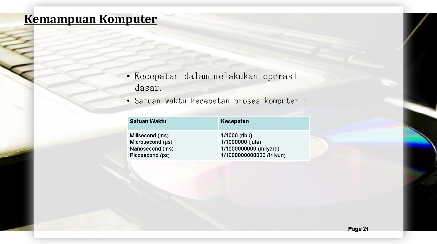 Kemampuan Komputer • Kecepatan dalam melakukan operasi dasar. • Satuan waktu kecepatan proses komputer