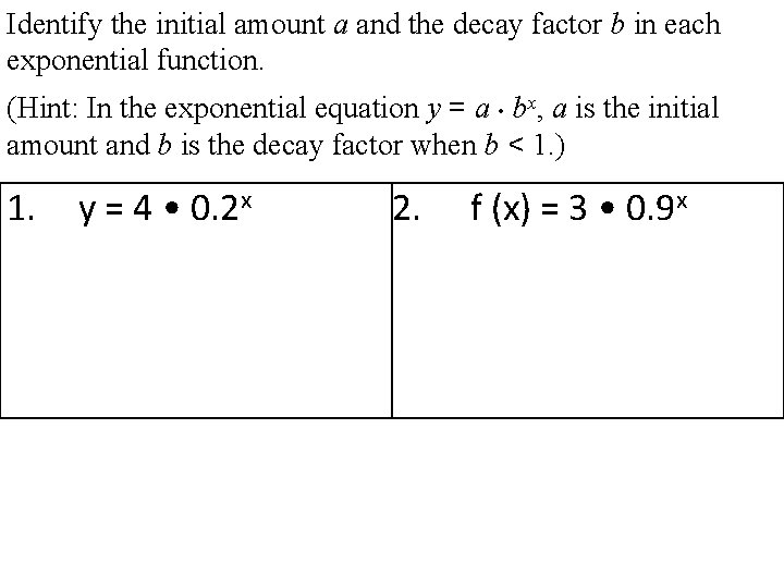 Identify the initial amount a and the decay factor b in each exponential function.