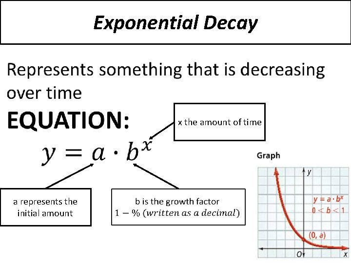 Exponential Decay x the amount of time a represents the initial amount 