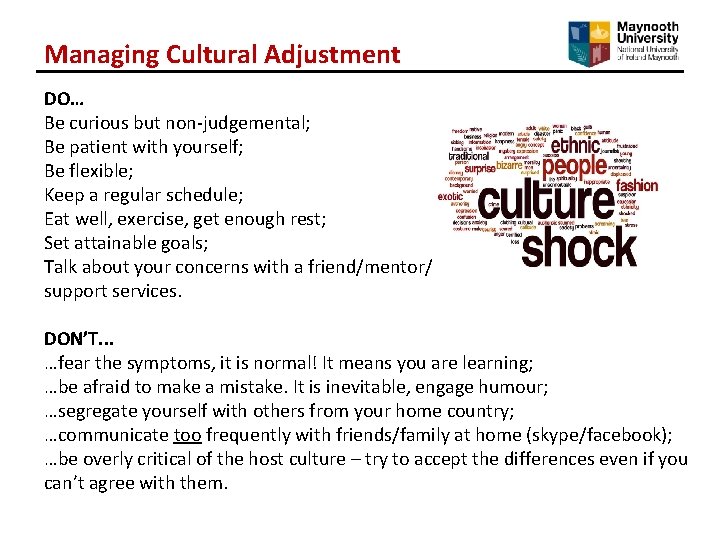 Managing Cultural Adjustment DO… Be curious but non-judgemental; Be patient with yourself; Be flexible; Managing Cultural Adjustment DO… Be curious but non-judgemental; Be patient with yourself; Be flexible;