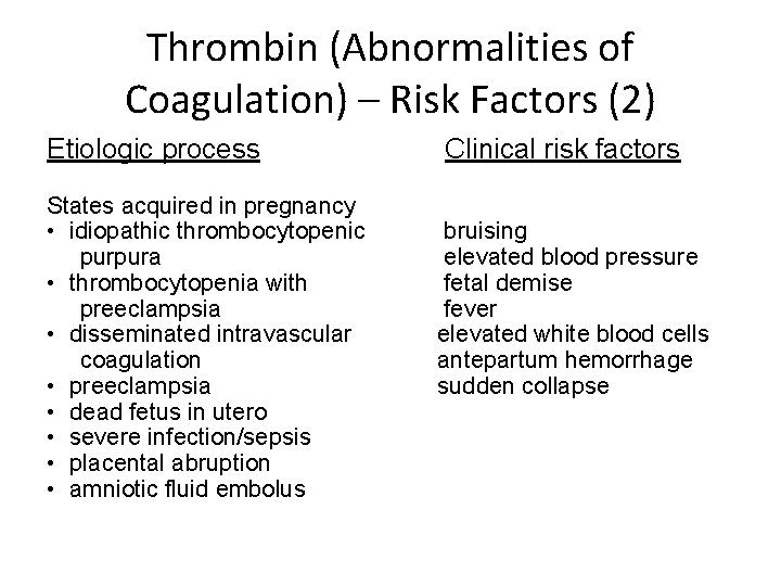 Thrombin (Abnormalities of Coagulation) – Risk Factors (2) Etiologic process States acquired in pregnancy Thrombin (Abnormalities of Coagulation) – Risk Factors (2) Etiologic process States acquired in pregnancy