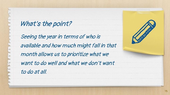 What’s the point? Seeing the year in terms of who is available and how What’s the point? Seeing the year in terms of who is available and how