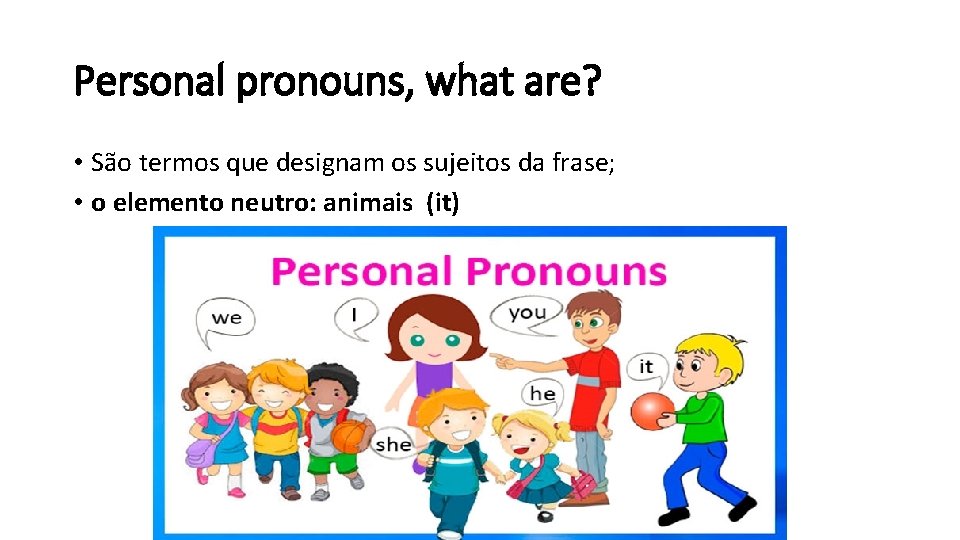 Personal pronouns, what are? • São termos que designam os sujeitos da frase; •