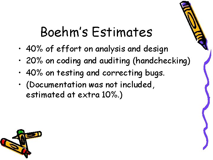 Boehm’s Estimates • • 40% of effort on analysis and design 20% on coding