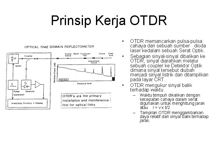 Prinsip Kerja OTDR • • • OTDR memancarkan pulsa-pulsa cahaya dari sebuah sumber dioda