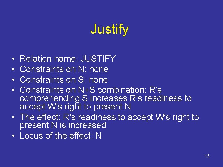 Justify • • Relation name: JUSTIFY Constraints on N: none Constraints on S: none