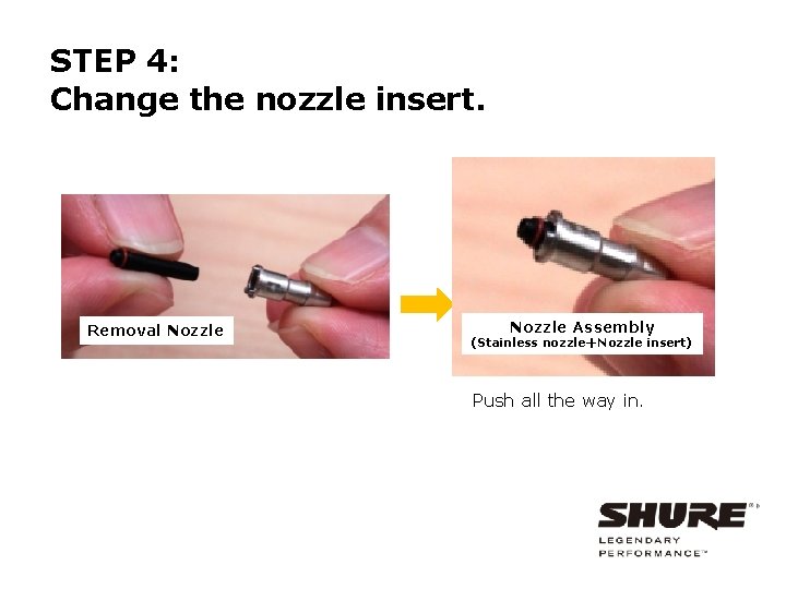 STEP 4: Change the nozzle insert. Removal Nozzle Assembly (Stainless nozzle＋Nozzle insert) Push all
