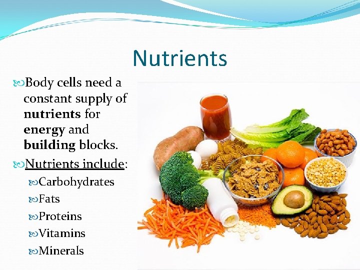 Nutrients Body cells need a constant supply of nutrients for energy and building blocks. Nutrients Body cells need a constant supply of nutrients for energy and building blocks.