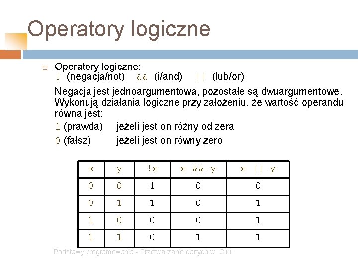 Operatory logiczne Operatory logiczne: ! (negacja/not) && (i/and) || (lub/or) Negacja jest jednoargumentowa, pozostałe