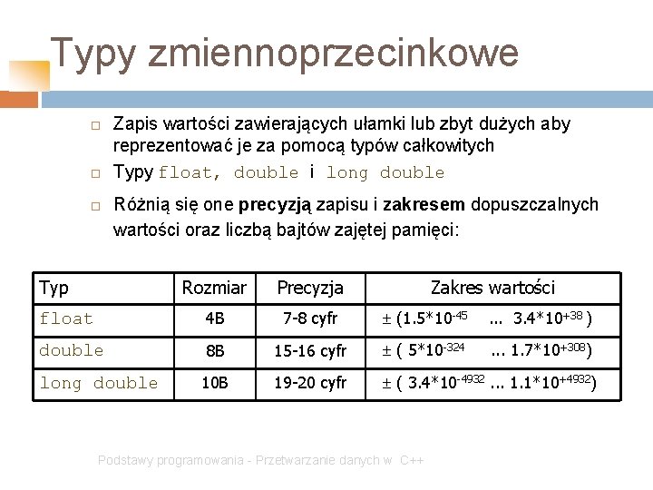 Typy zmiennoprzecinkowe Zapis wartości zawierających ułamki lub zbyt dużych aby reprezentować je za pomocą