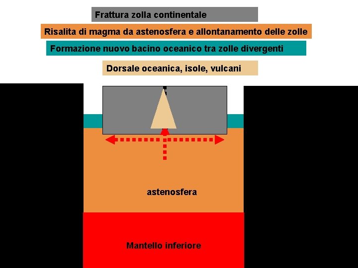 Frattura zolla continentale Risalita di magma da astenosfera e allontanamento delle zolle Formazione nuovo