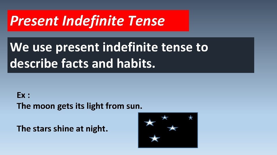 Present Indefinite Tense We use present indefinite tense to describe facts and habits. Ex