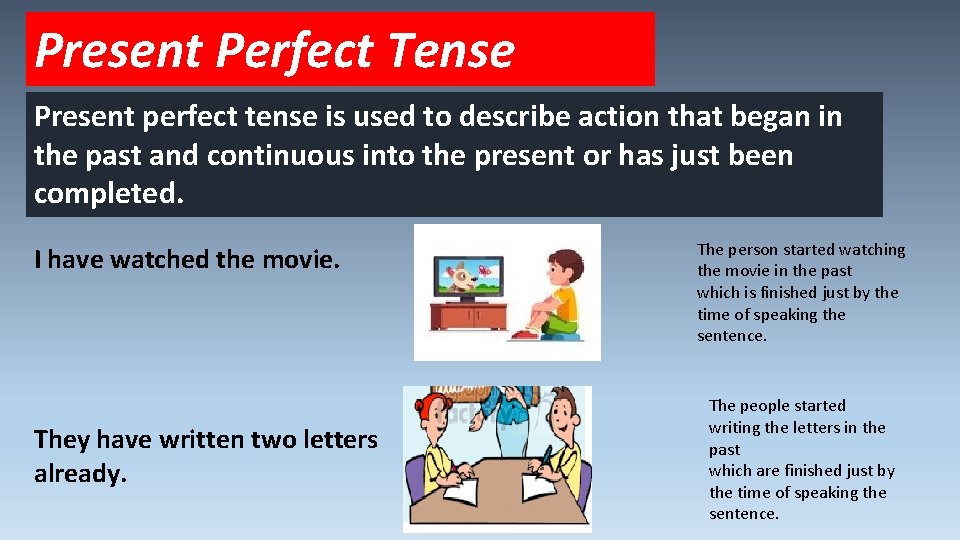 Present Perfect Tense Present perfect tense is used to describe action that began in