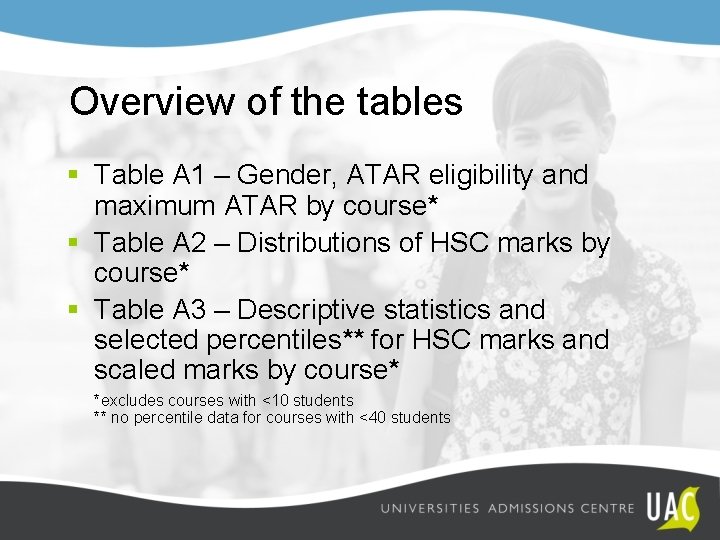 Overview of the tables § Table A 1 – Gender, ATAR eligibility and maximum