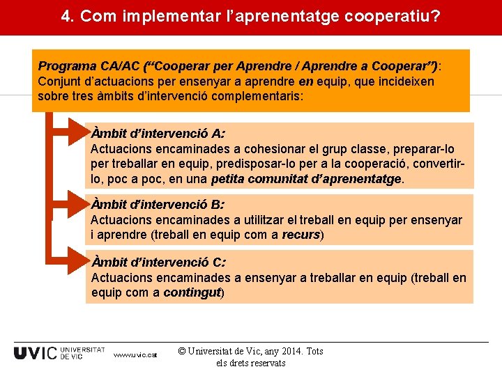 4. Com implementar l’aprenentatge cooperatiu? Programa CA/AC (“Cooperar per Aprendre / Aprendre a Cooperar”):