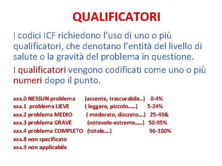 QUALIFICATORI I codici ICF richiedono l’uso di uno o più qualificatori, che denotano l’entità