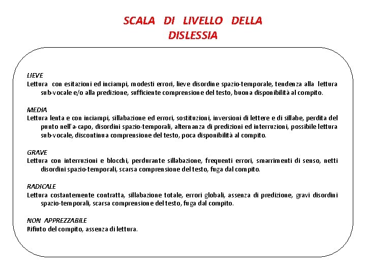 SCALA DI LIVELLO DELLA DISLESSIA LIEVE Lettura con esitazioni ed inciampi, modesti errori, lieve