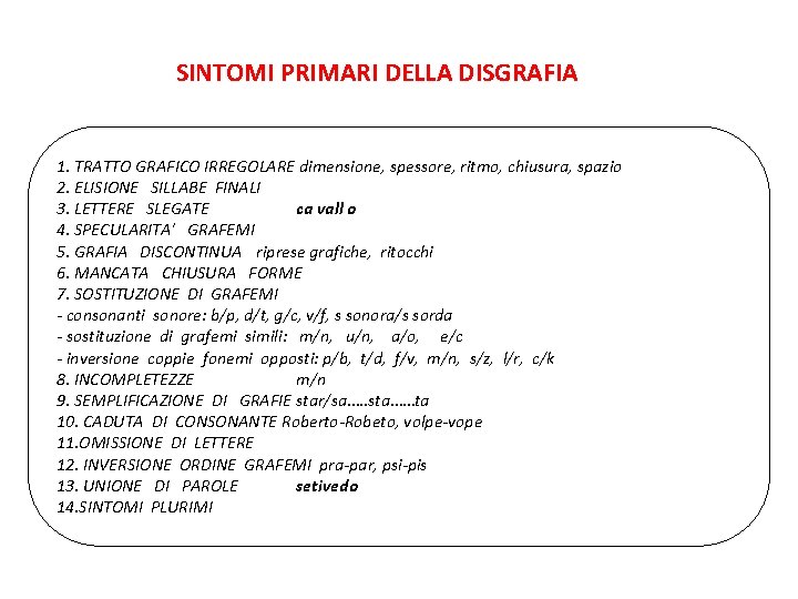 SINTOMI PRIMARI DELLA DISGRAFIA 1. TRATTO GRAFICO IRREGOLARE dimensione, spessore, ritmo, chiusura, spazio 2.