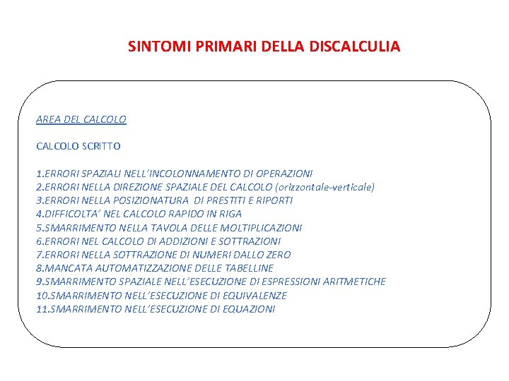 SINTOMI PRIMARI DELLA DISCALCULIA AREA DEL CALCOLO SCRITTO 1. ERRORI SPAZIALI NELL’INCOLONNAMENTO DI OPERAZIONI