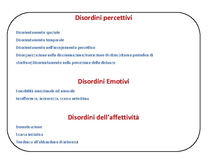 Disordini percettivi Disorientamento spaziale Disorientamento temporale Disorientamento nell’inseguimento percettivo Disorganizzazione nella discriminazione/esecuzione di ritmi