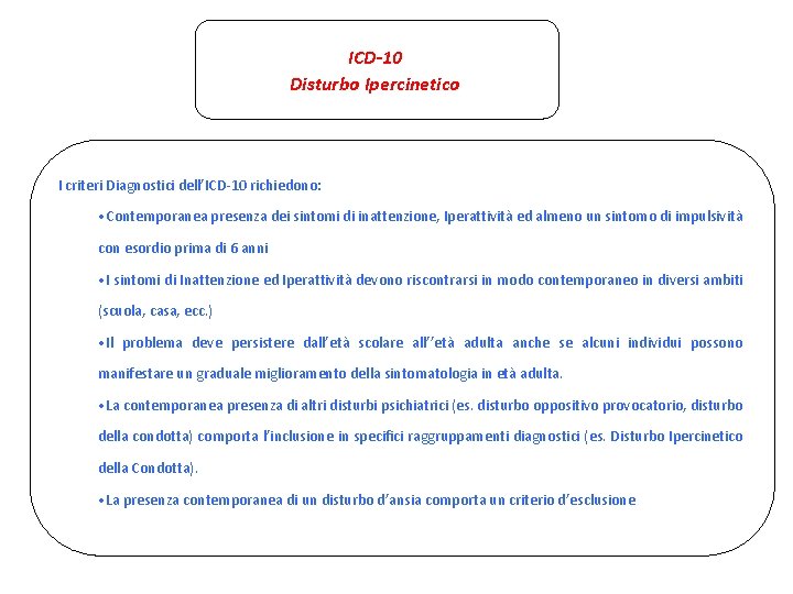 ICD-10 Disturbo Ipercinetico I criteri Diagnostici dell’ICD-10 richiedono: • Contemporanea presenza dei sintomi di