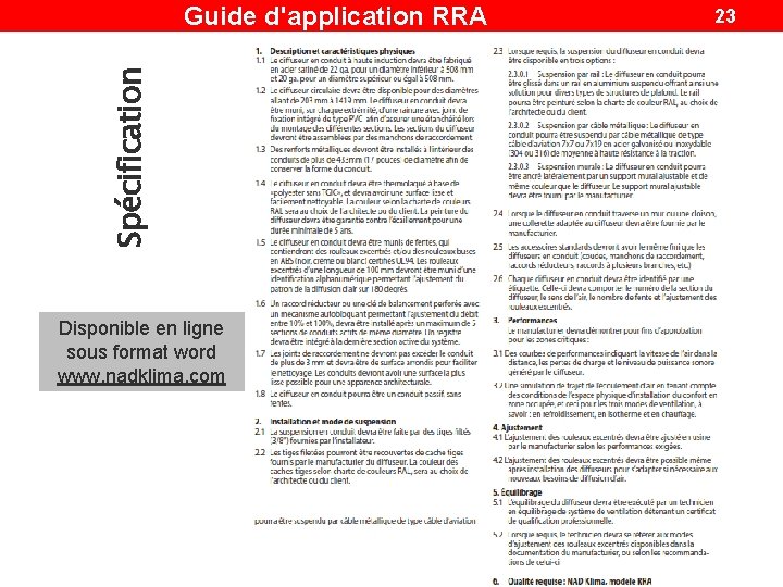Spécification Guide d'application RRA Disponible en ligne sous format word www. nadklima. com 23