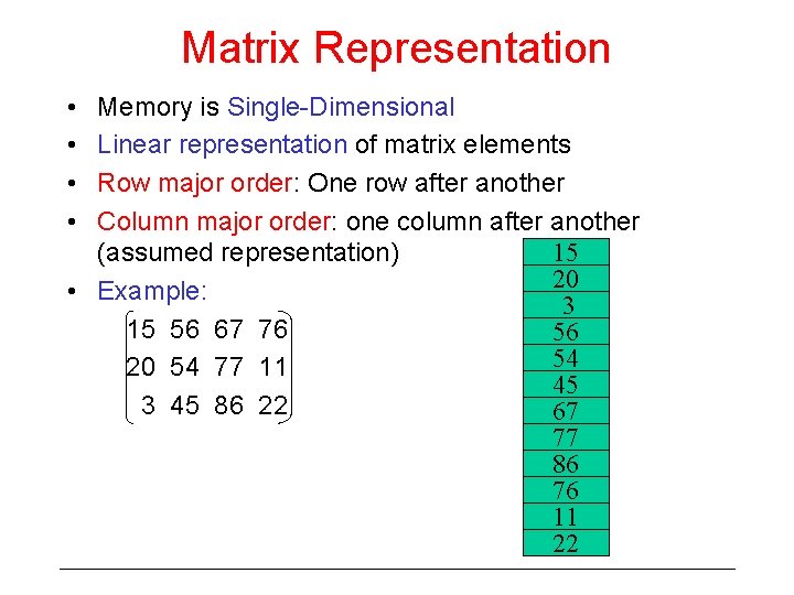 Matrix Representation • • Memory is Single-Dimensional Linear representation of matrix elements Row major