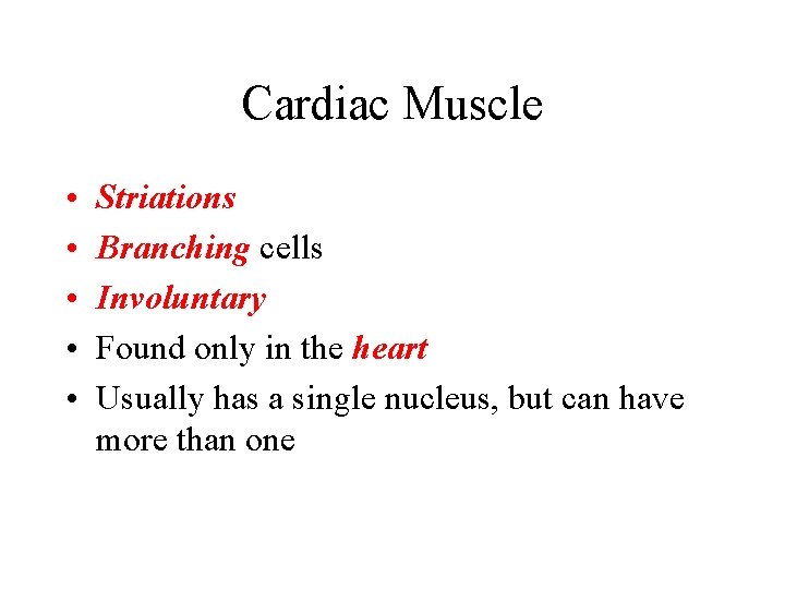 Cardiac Muscle • • • Striations Branching cells Involuntary Found only in the heart