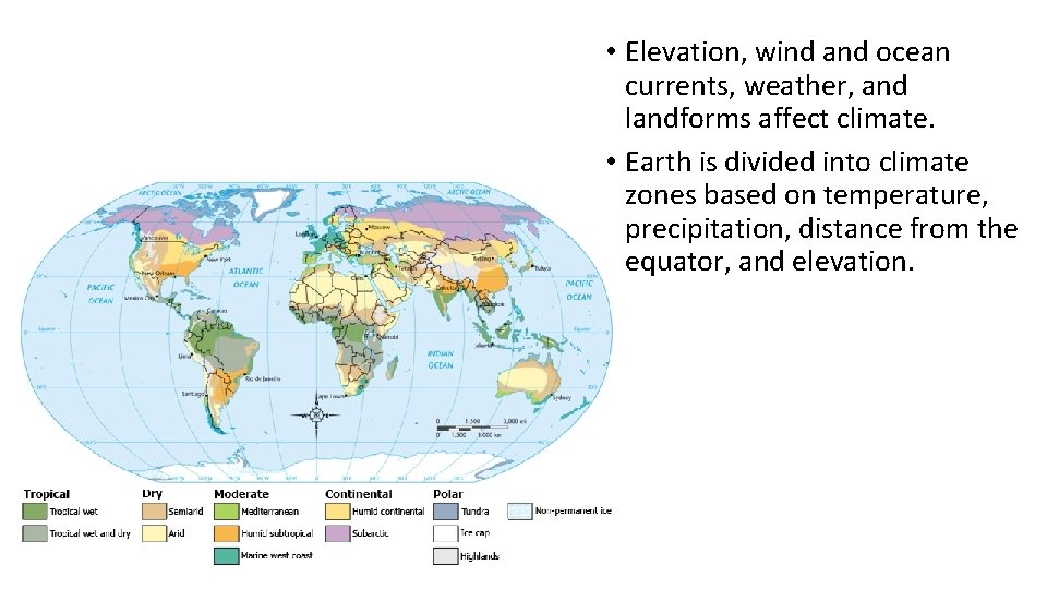  • Elevation, wind and ocean currents, weather, and landforms affect climate. • Earth