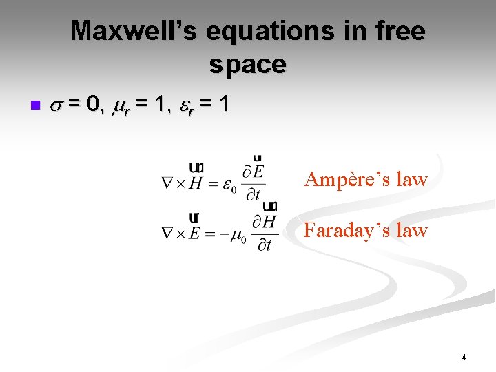 Maxwell’s equations in free space n = 0, r = 1 Ampère’s law Faraday’s