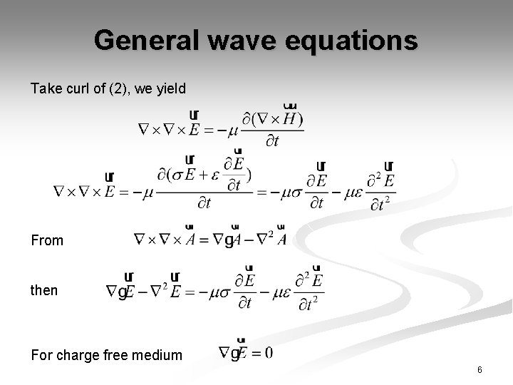 General wave equations Take curl of (2), we yield From then For charge free