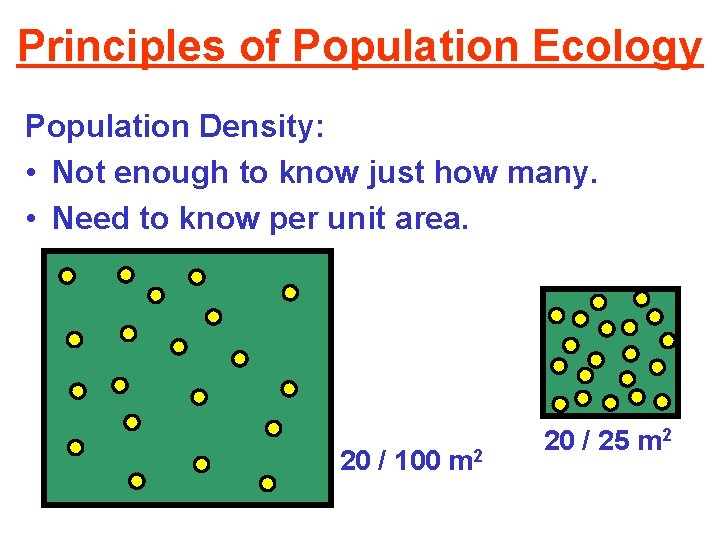 Principles of Population Ecology Population Density: • Not enough to know just how many.