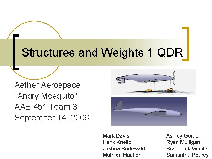 Structures and Weights 1 QDR Aether Aerospace “Angry Mosquito” AAE 451 Team 3 September