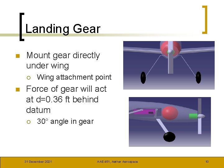 Landing Gear n Mount gear directly under wing ¡ n Wing attachment point Force