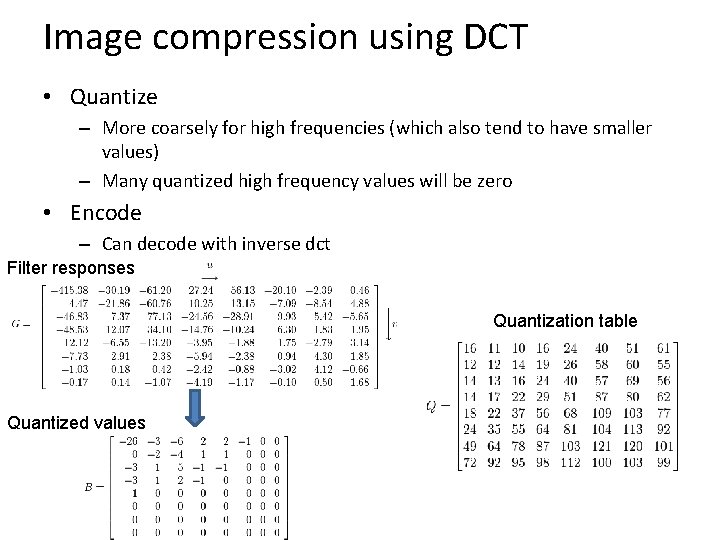 Image compression using DCT • Quantize – More coarsely for high frequencies (which also