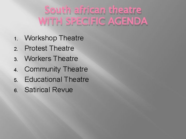 South african theatre WITH SPECIFIC AGENDA 1. 2. 3. 4. 5. 6. Workshop Theatre