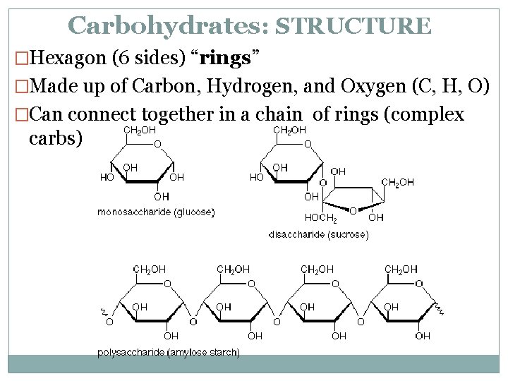 Carbohydrates: STRUCTURE �Hexagon (6 sides) “rings” �Made up of Carbon, Hydrogen, and Oxygen (C,