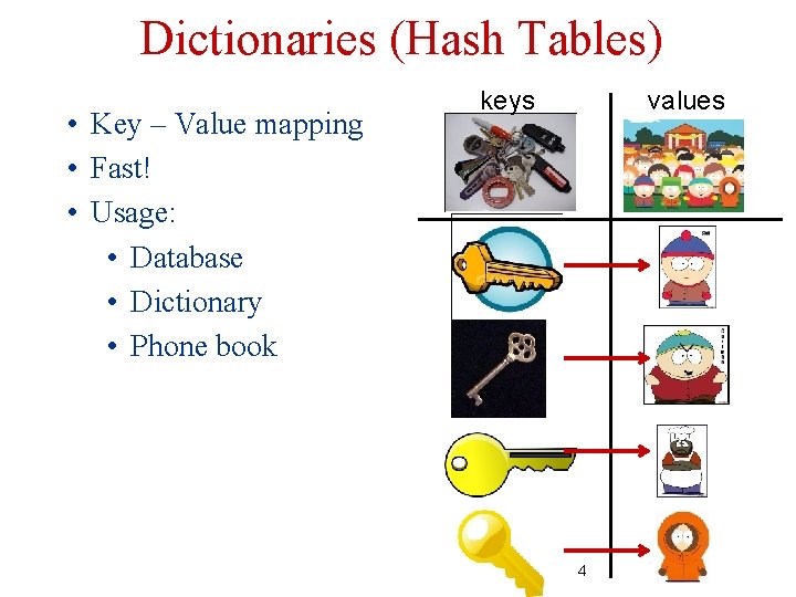 Dictionaries (Hash Tables) • Key – Value mapping • Fast! • Usage: • Database