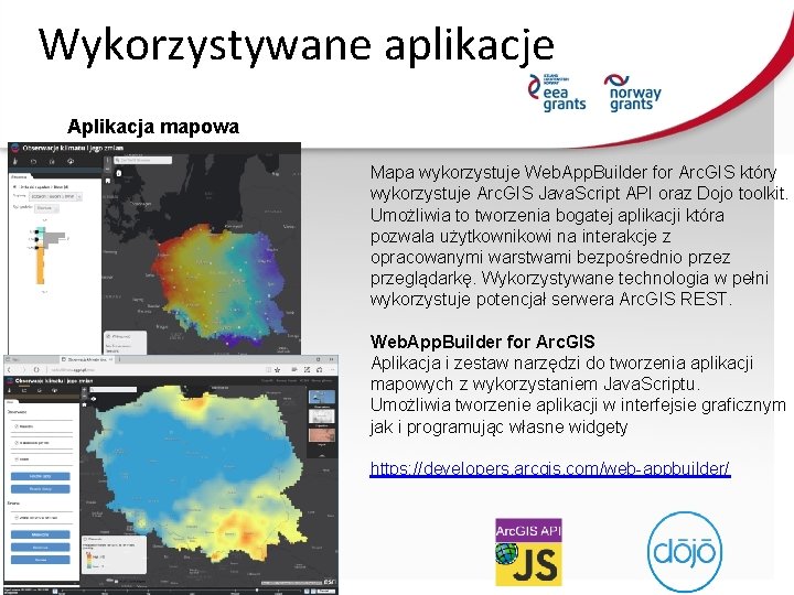 Wykorzystywane aplikacje Aplikacja mapowa Mapa wykorzystuje Web. App. Builder for Arc. GIS który wykorzystuje