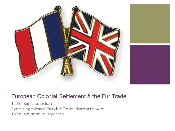 + European Colonial Settlement & the Fur Trade 1500 s: Europeans return Competing colonies: + European Colonial Settlement & the Fur Trade 1500 s: Europeans return Competing colonies: