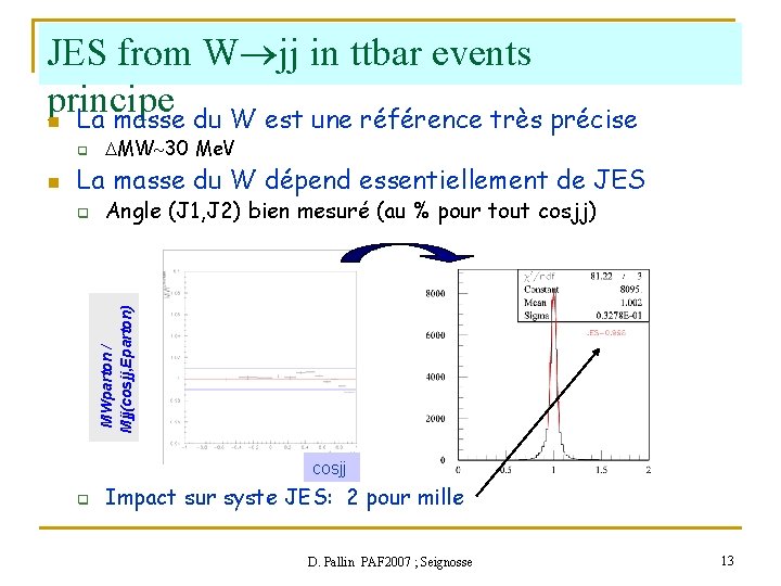 JES from W jj in ttbar events principe n La masse du W est