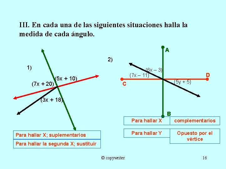 III. En cada una de las siguientes situaciones halla la medida de cada ángulo.