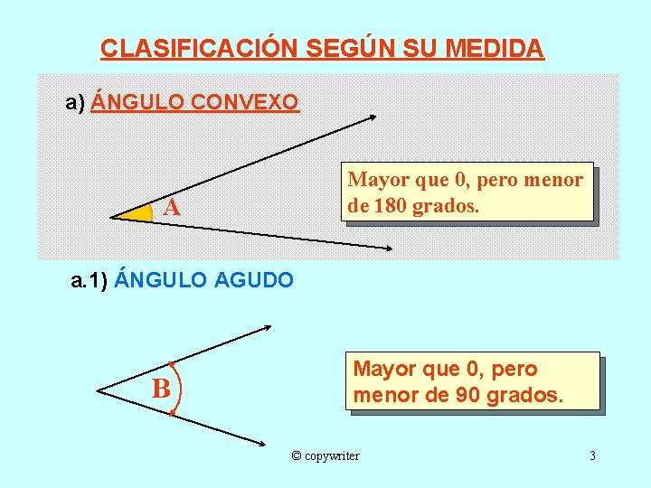 CLASIFICACIÓN SEGÚN SU MEDIDA a) ÁNGULO CONVEXO Mayor que 0, pero menor de 180