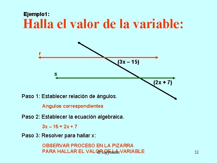 Ejemplo 1: Halla el valor de la variable: r (3 x – 15) s