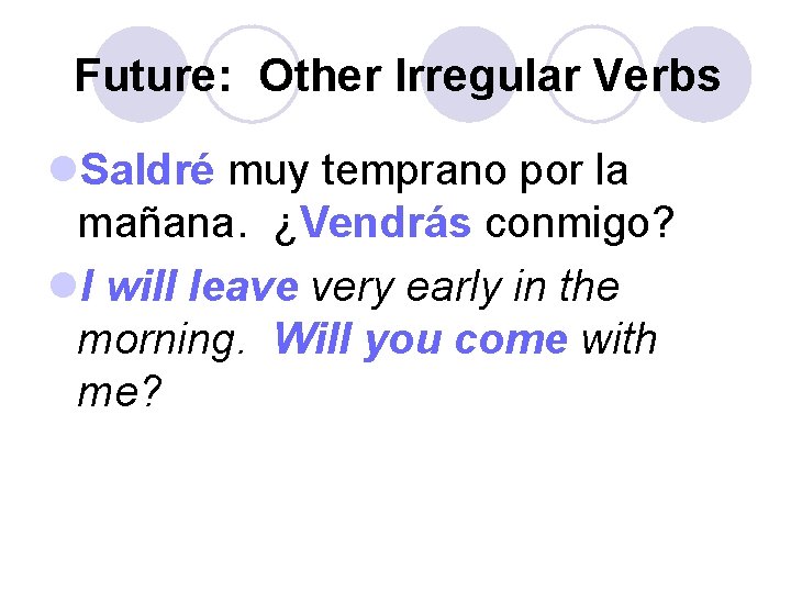 Future: Other Irregular Verbs l. Saldré muy temprano por la mañana. ¿Vendrás conmigo? l.