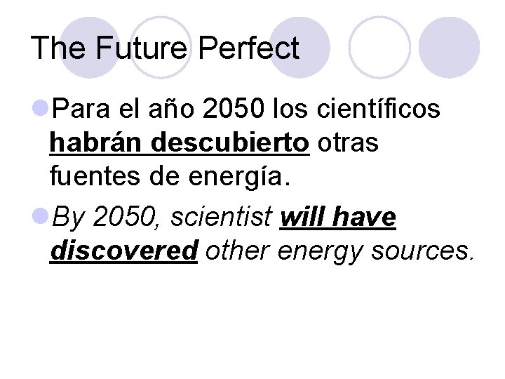 The Future Perfect l. Para el año 2050 los científicos habrán descubierto otras fuentes