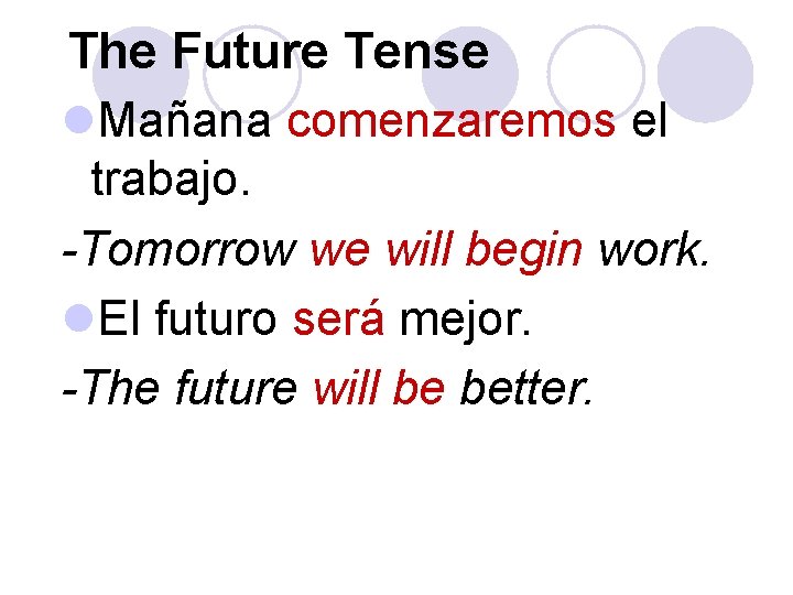 The Future Tense l. Mañana comenzaremos el trabajo. -Tomorrow we will begin work. l.