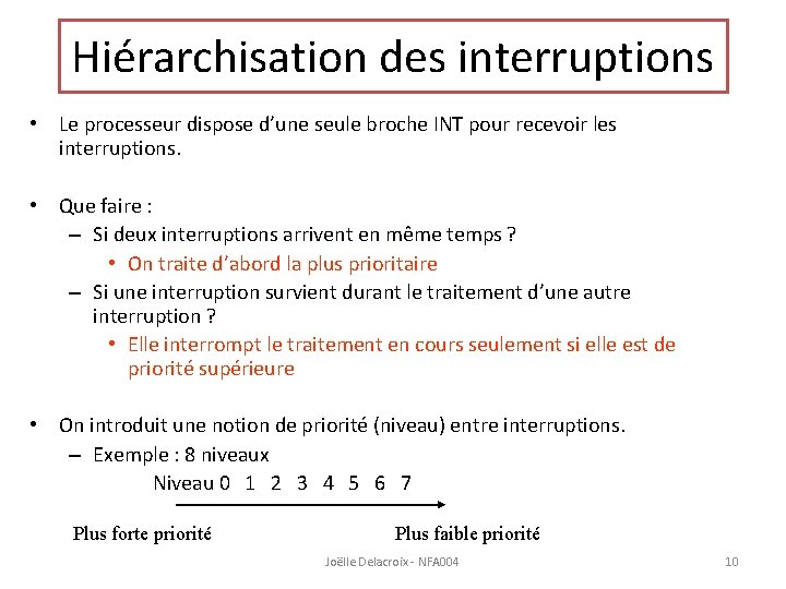 Hiérarchisation des interruptions • Le processeur dispose d’une seule broche INT pour recevoir les