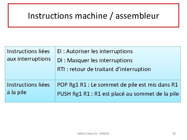 Instructions machine / assembleur Instructions liées aux interruptions EI : Autoriser les interruptions DI